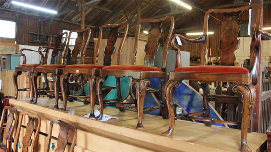 Set of eight Georgian style walnut dining chairs (two having arms)